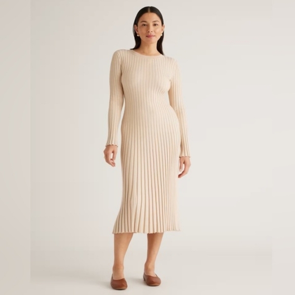 Quince Heather Oatmeal Cotton Cashmere Ribbed Long Sleeve Crew Midi Dress - Picture 9 of 9